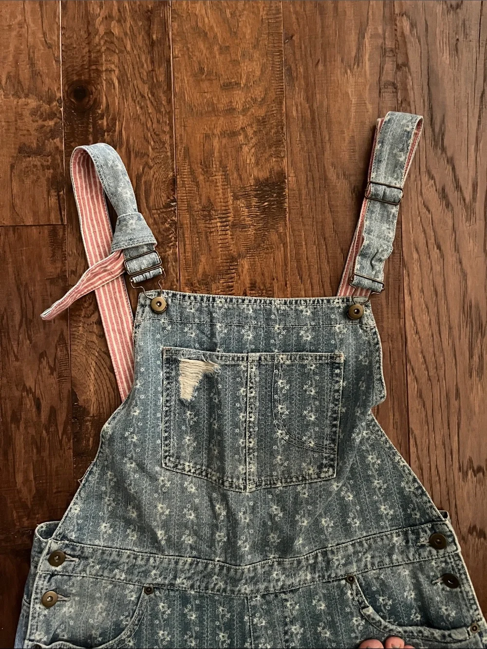 FP Distressed Light Blue Denim Overalls w/pink&white fabric on back of strap